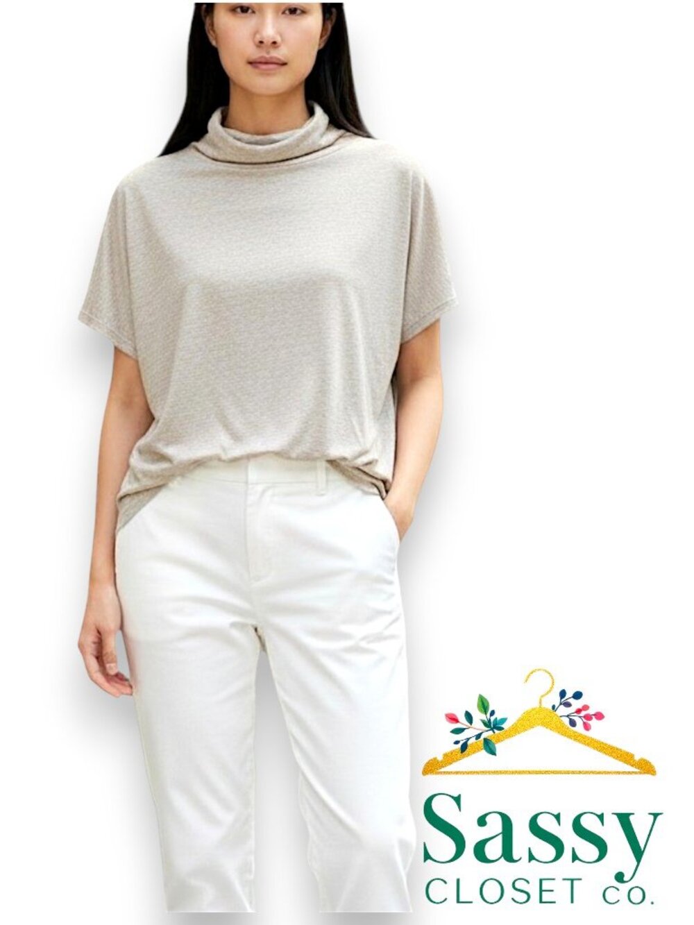 ✨ CABI Gray Heathered Mock Neck Cap Sleeve Top M Stretch Knit Luxe 🩶
